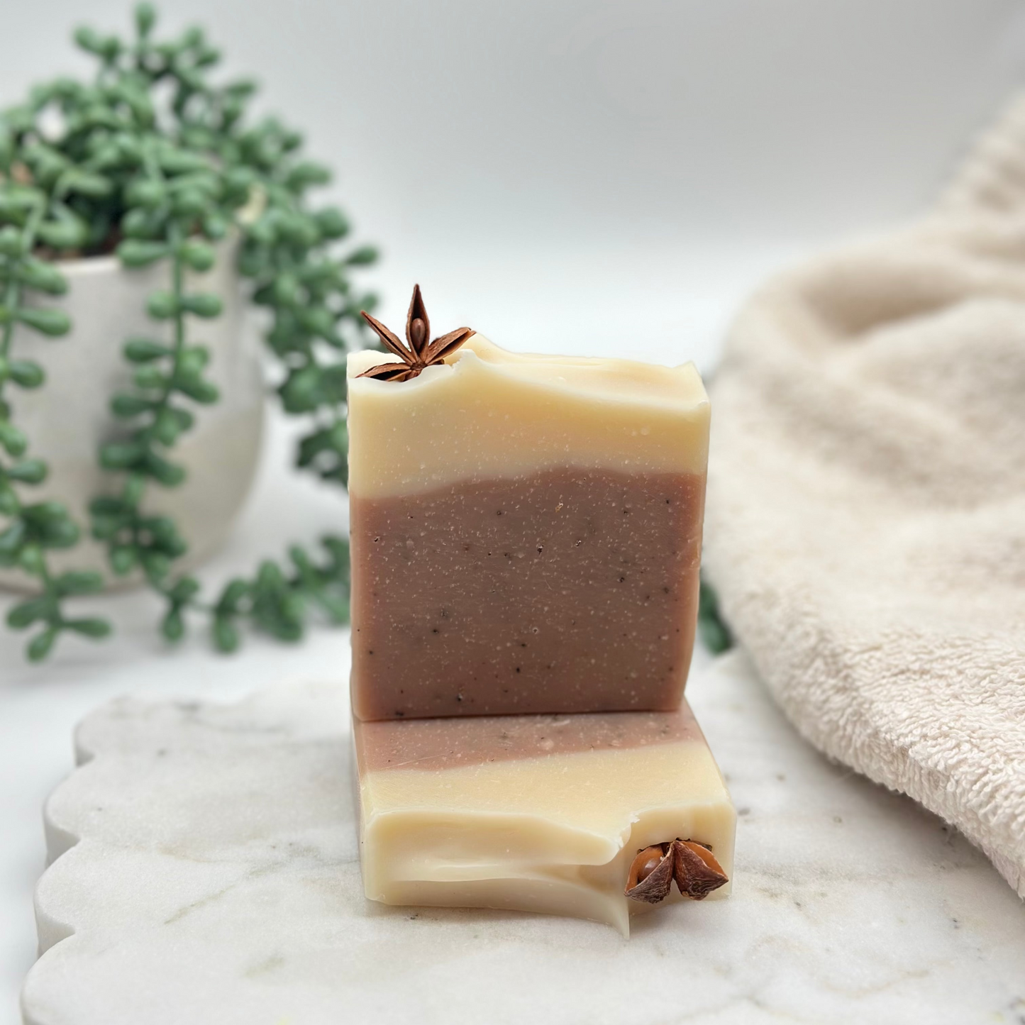 Two layered soap bar with star anise on a marble surface with a plant and towel in the background.