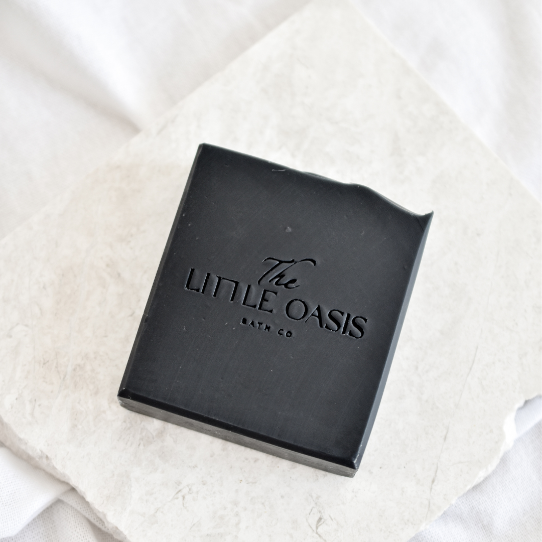 Charcoal, Sea Salt and Lime Vegan Handmade Soap Bar. Top View, black colour. All natural ingredients, Australian made.