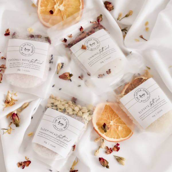 Mini Bath Soaks scented with essential oils and botanicals. Top view. Australian made, vegan.