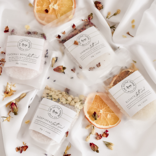 Mini Bath Soaks scented with essential oils and botanicals. Top view. Australian made, vegan.